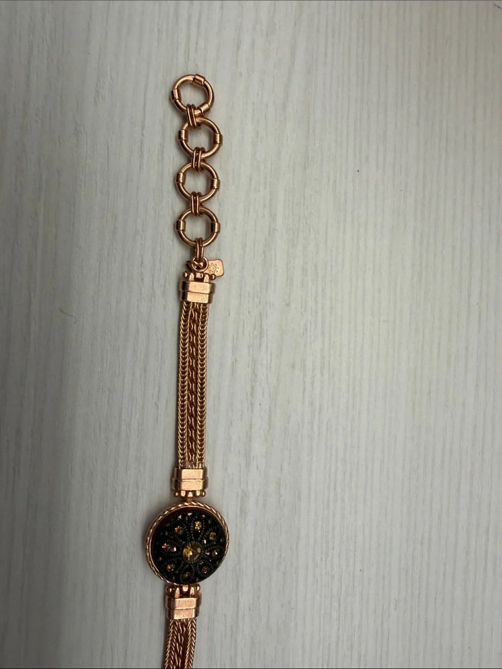 Vintage-Inspired Round Medallion Bracelet in Rose Gold with Amber Crystals